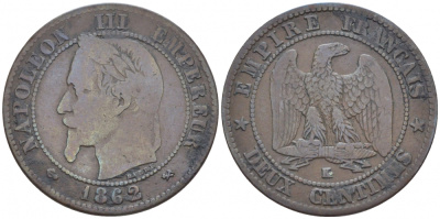 ФРАНЦИЯ 2 САНТИМА 1862 K, НАПОЛЕОН III (1852-1870) KM 796.6 бронза 116-748