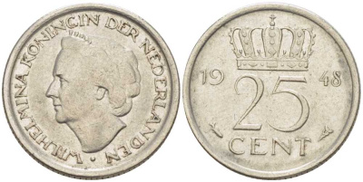 НИДЕРЛАНДЫ 25 ЦЕНТОВ 1948 ВИЛЬГЕЛЬМИНА (1890-1948) KM 177 никель 211-634