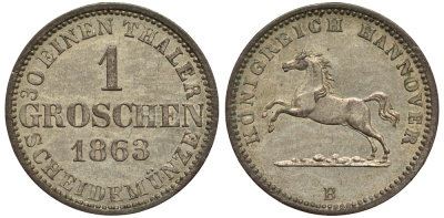 ГАННОВЕР 1 ГРОШ 1863 В, ГЕОРГ V (1851-1866) KM 236 серебро UNC 413-6024