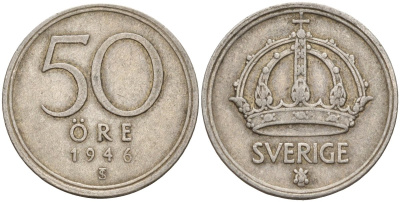 Швеция 50 эре 1946 TS, Густав V (1907-1950) KM 817 серебро 4148-852