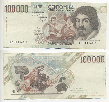 Италия 100000 лир 1983 Караваджо, фруктовый букет, подпись Speziali Pick 110b бумага 7220-23-1