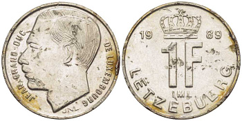 ЛЮКСЕМБУРГ 1 ФРАНК 1989 ЖАК (1964-2000) KM 63 никелированная сталь 105-811