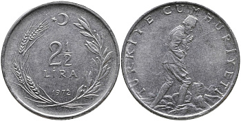 ТУРЦИЯ 2 1/2 ЛИРЫ 1972 KM 893.2 нержавеющая сталь 29-626