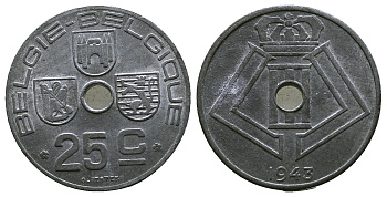 Бельгия 25 сантимов 1943 Belgie - Belgique, немецкая оккупация KM 132 цинк 259-957