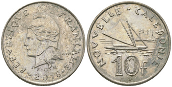 Французская Новая Каледония 10 франков 2018 рыбачья парусная лодка, (IEOM) KM 11a, Schoen 13a, Lec 99k медно-никель 68-435