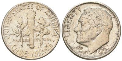 США 10 центов (дайм) 1961 D, президент Рузвельт KM 195 серебро 4549-855