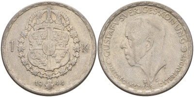 Швеция 1 крона 1944 G, Густав V (1907-1950) KM 814 серебро 4148-1016