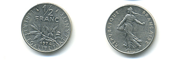 ФРАНЦИЯ 1/2 ФРАНКА 1976 СЕЯТЕЛЬ KM 931.1, LE FRANC 198.15 никель 86-1754