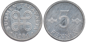 ФИНЛЯНДИЯ 5 ПЕННИ 1984 KM 45а алюминий UNC 3334-1069