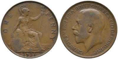 Великобритания 1 пенни 1921 Георг V (1910-1936) KM 810, Spink 4051 бронза 32-841