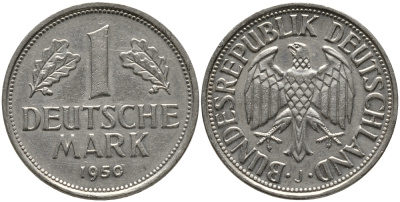 ФРГ 1 марка 1950 J, KM 110, J. 385 медно-никель 51-824