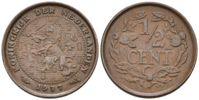 Нидерланды 1/2 цента 1937 Вильгельмина (1890-1948) KM 138 бронза 4576-423