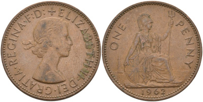 Великобритания 1 пенни 1962 Елизавета II (1952-2022) KM 897, Spink 4157 бронза 4574-213