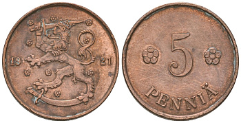 Финляндия 5 пенни 1921 KM 22 медь 4174-353