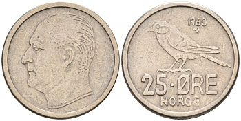 Норвегия 25 эре 1960 Улаф V (1958-1991), синица KM 407 медно-никель 4580-1029