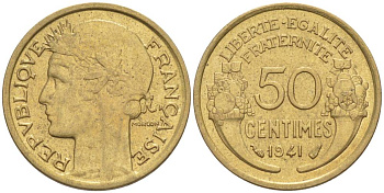 ФРАНЦИЯ 50 САНТИМОВ 1941 ТИП MORLON KM 894.1, LE FRANC 192.18 алюминиевая бронза 44-443