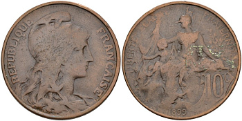 Франция 10 сантимов 1899 тип DANIEL-DUPUIS KM 843, Le Franc 136.8 бронза 4574-442