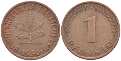 ФРГ 1 ПФЕННИГ 1950 J KM 105, J. 380 сталь плакированная медью 116-341