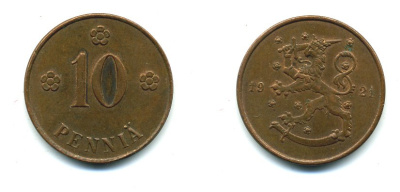 Финляндия 10 пенни 1921 республика (1918-1962) KM 24 медь 46-243