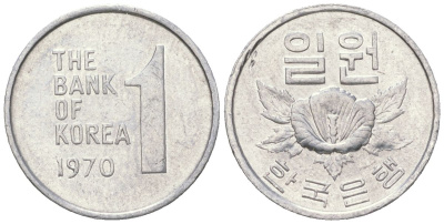 Южная Корея 1 вона 1970 роза шарона KM 4a алюминий UNC 4567-646
