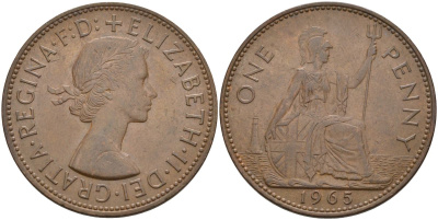 Великобритания 1 пенни 1965 Елизавета II (1952-2022) КМ 897, Spink 4157 бронза 4149-823