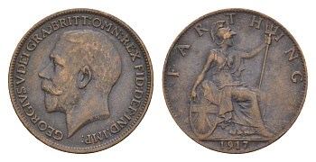 Великобритания 1 фартинг 1917 Георг V (1910-1936) KM 808.1, Spink 4059 бронза 4658-943