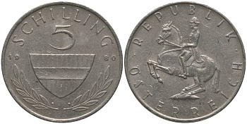 АВСТРИЯ 5 ШИЛЛИНГОВ 1980 KM 2889а медно-никель 181-225