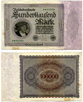 Германия 100000 марок 1923 1 февраля 1923, выпуск (март 1923-5 июля 1925), номер шестизначный, серия 6W 045524 Pick 83, Розенберг 82d бумага 8564-27-2-2
