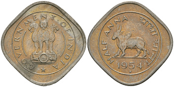 Индия 1/2 анна 1954 KM 2.2 медно-никель UNC 33-1216