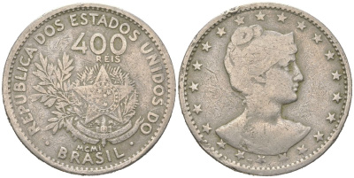 Бразилия 400 реалов 1901 MCMI, голова свободы вправо KM 505 медно-никель 4612-432