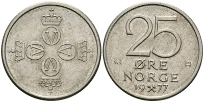 Норвегия 25 эре 1977 Улаф V (1958-1991) KM 417 медно-никель 84-1565