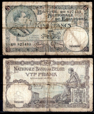 Бельгия 5 франков 1938 Pick 108 a бумага 7457-30-2-1