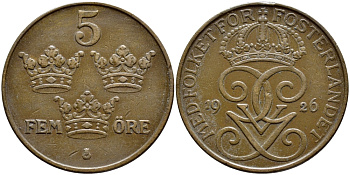 Швеция 5 эре 1926 Густав V (1907-1950) KM 779.2 бронза 4394-914