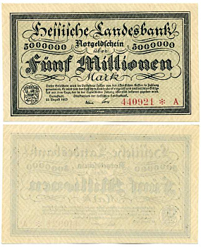 ДАРМШТАДТ, ГЕРМАНИЯ 5000000 МАРОК (5 МИЛЛИОНОВ МАРОК) 1923 22 АВГУСТА 1923, НОТГЕЛЬД, ЗЕМЛЯ ГЕССЕН, НОМЕР, СНЕЖИНКА, СЕРИЯ А, HESSESCHE LANDESBANK Keller 956b бумага UNC (ПРЕСС) 8613-24-1-1