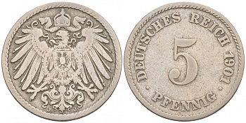 ГЕРМАНИЯ 5 ПФЕННИГОВ 1901 J, KM 11, J. 12 медно-никель 73-666