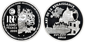 Франция 1 евро = 6,55957 франков 2000 архитектура Ренессанса (XV-XVI веков) в оригинальной коробке, с сертификатом KM 1225 серебро PROOF 4-3-3-14