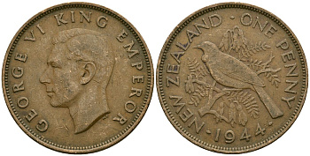 Новая Зеландия 1 пенни 1944 Птица Туи, Король Георг VI (1937 - 1952) KM 13 бронза 4165-1231