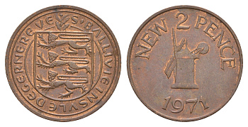Гернси 2 новых пенса 1971 Елизавета II (1952-2022), ветряная мельница KM 22 бронза 4656-1053