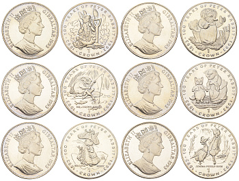 Гибралтар полный набор из 6 монет (1 крона) 1993 100 лет созданию Кролика Питера KM 201, 205, 209, 213, 217 и 221 медно-никель BU 1524-1635-1645