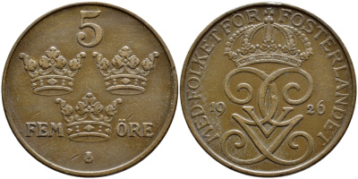 Швеция 5 эре 1926 Густав V (1907-1950) KM 779.2 бронза 4394-914