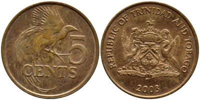 Тринидад и Тобаго 5 центов 2003 райская птица KM 30 бронза 4398-145