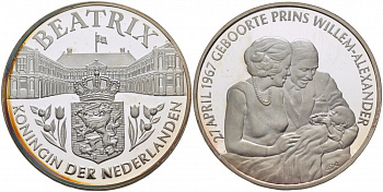Нидерланды медаль ND КОРОЛЕВА БЕАТРИКС, 27 АПРЕЛЯ 1967 РОЖДЕНИЕ ПРИНЦА ВИЛЛЕМА-АЛЕКСАНДРА, ДИАМЕТР 38,5 ММ., ВЕС 22,12 ГР. серебро PROOF 01-143-44