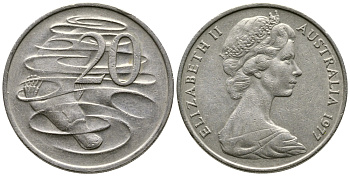 АВСТРАЛИЯ 20 ЦЕНТОВ 1977 ЕЛИЗАВЕТА II, МОЛОДОЙ ПОРТРЕТ, УТКОНОС KM 66 медно-никель 84-1012
