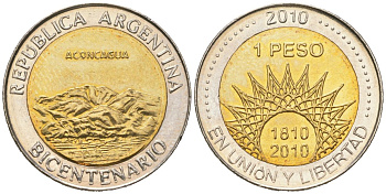 Аргентина 1 песо 2010 200 лет Аргентине - вулкан Аконкагуа KM 157 биметалл UNC 4620-634