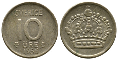 Швеция 10 эре 1956 TS, Густав VI Адольф (1950-1973) KM 823 серебро 261-636