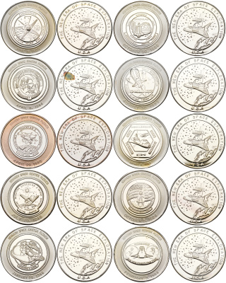 США набор из 10 медалей 1983-1986 запуски шаттлов, космический центр Кеннеди, в оригинальной коробке вес 31,1, проба 999 (10 унций) серебро UNC 14-01-04-03