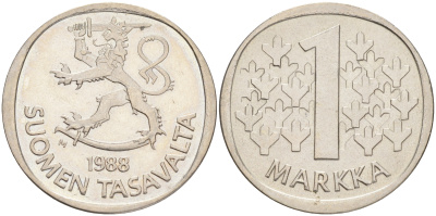 ФИНЛЯНДИЯ 1 МАРКА 1988 M KM 49а медно-никель UNC 4556-753