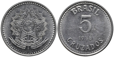 Бразилия 5 крузадо 1988 реформа 1986-1989 KM 606 нержавеющая сталь 4577-625