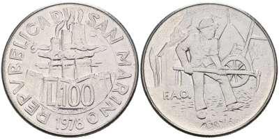 Сан-Марино 100 лир 1978 R, FAO KM 82 нержавеющая сталь UNC 00-00