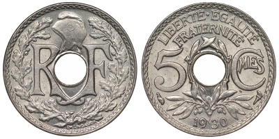 Франция 5 сантимов 1930 KM 875, Le Franc 122.13 медно-никель 4124-326
